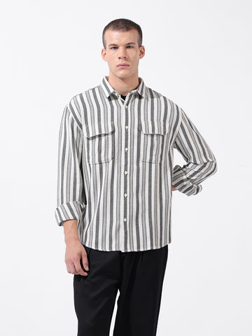 Men's Black Relaxed Fit Striped Casual Shirt