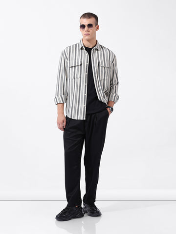 Men's Black Relaxed Fit Striped Casual Shirt