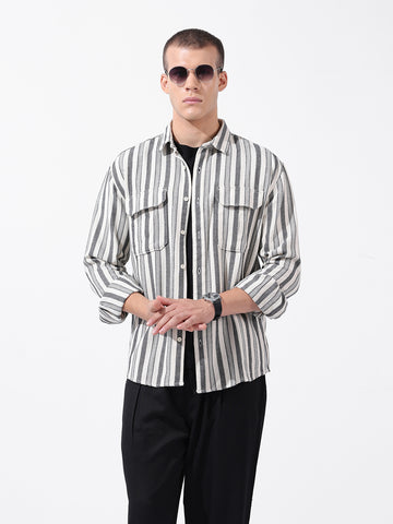 Men's Black Relaxed Fit Striped Casual Shirt