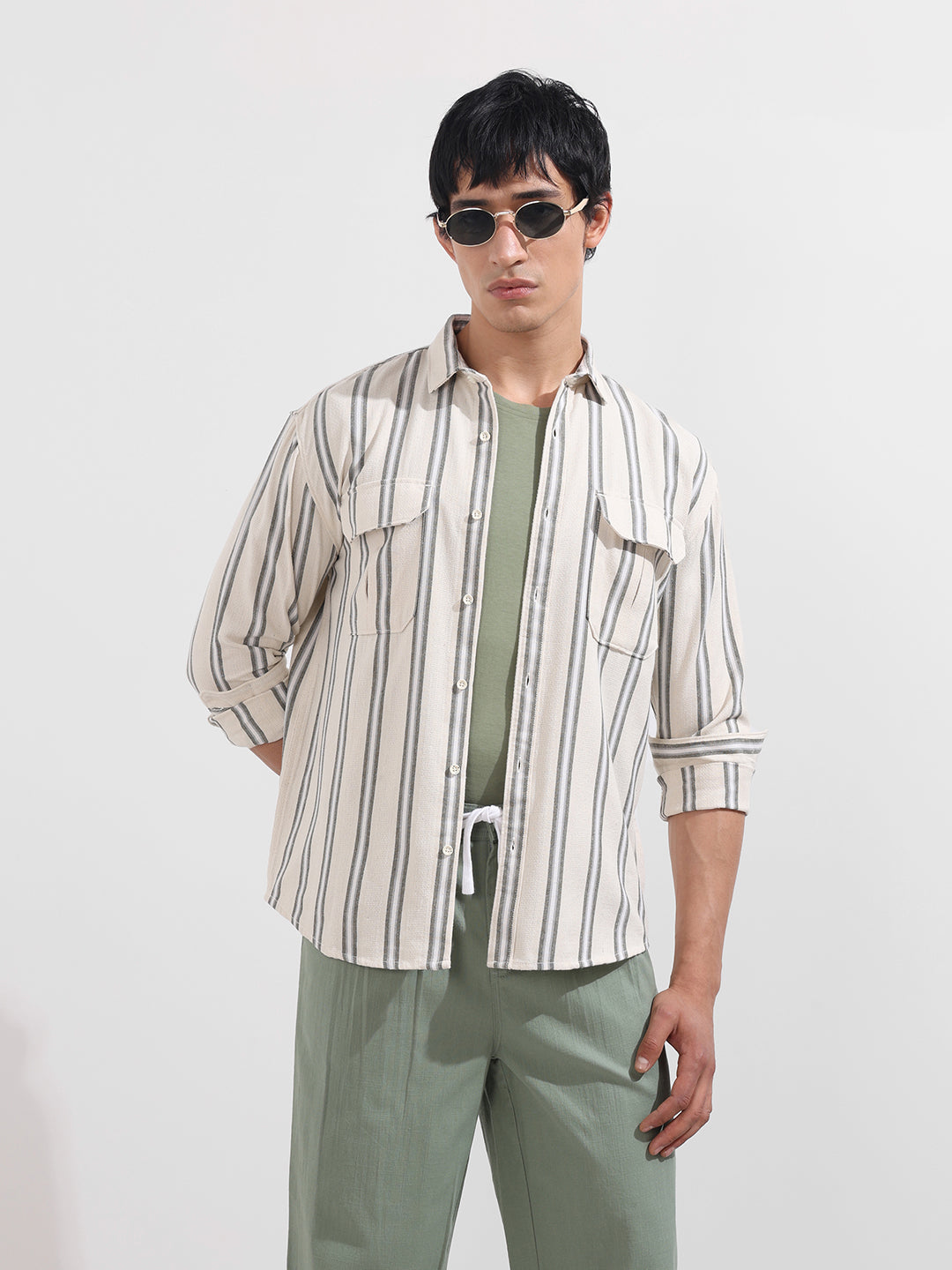 Men's Green Relaxed Fit Striped Casual Shirt