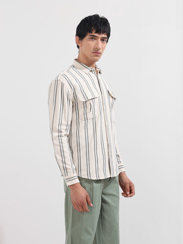 Men's Green Relaxed Fit Striped Casual Shirt