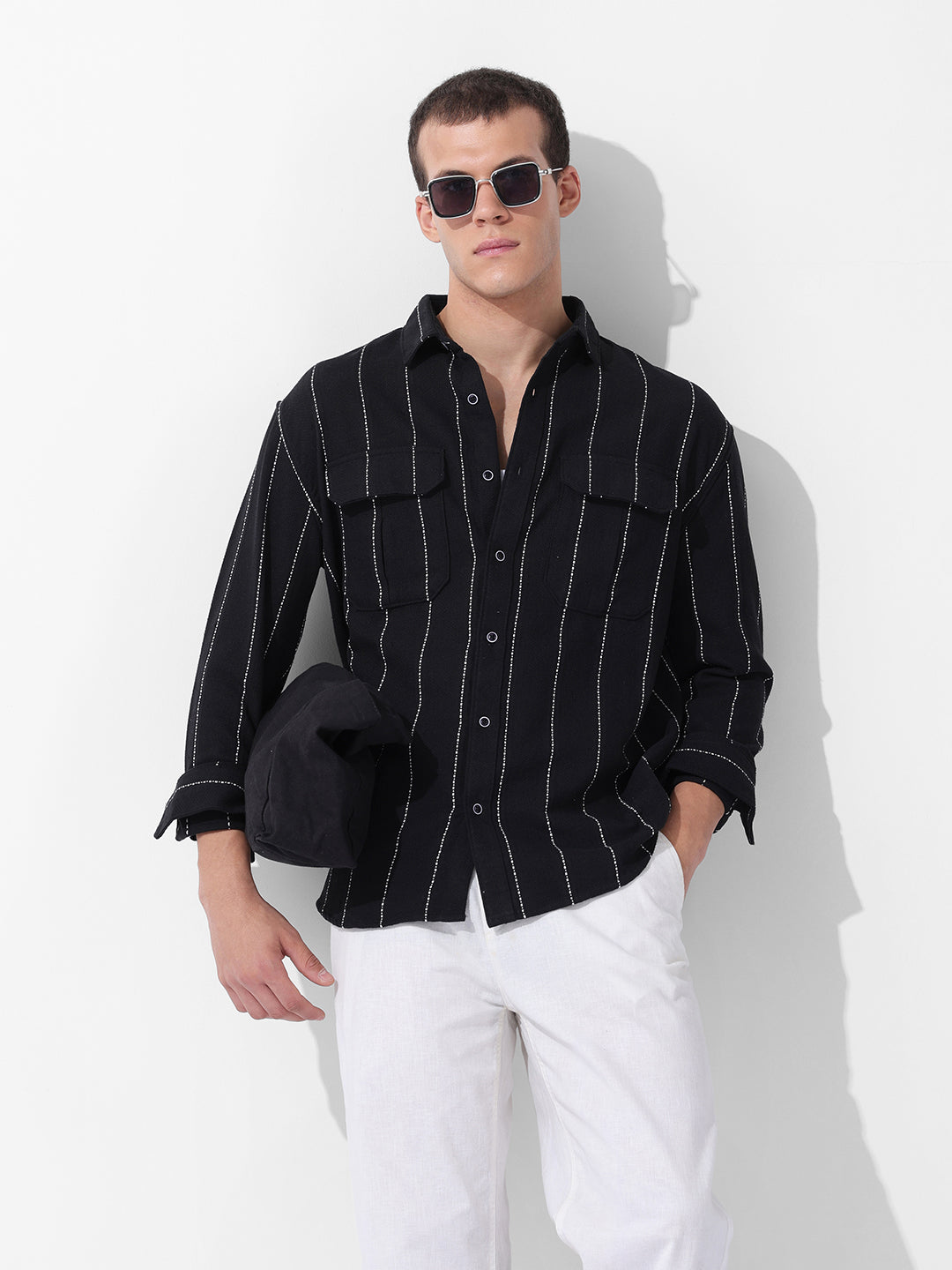 Men's Black Relaxed Fit Striped Casual Shirt