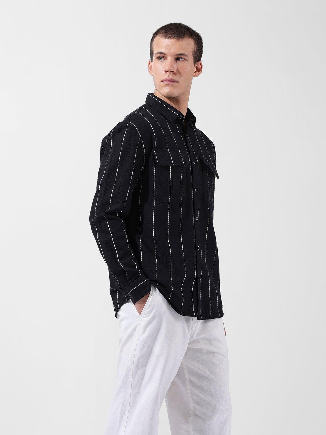Men's Black Relaxed Fit Striped Casual Shirt