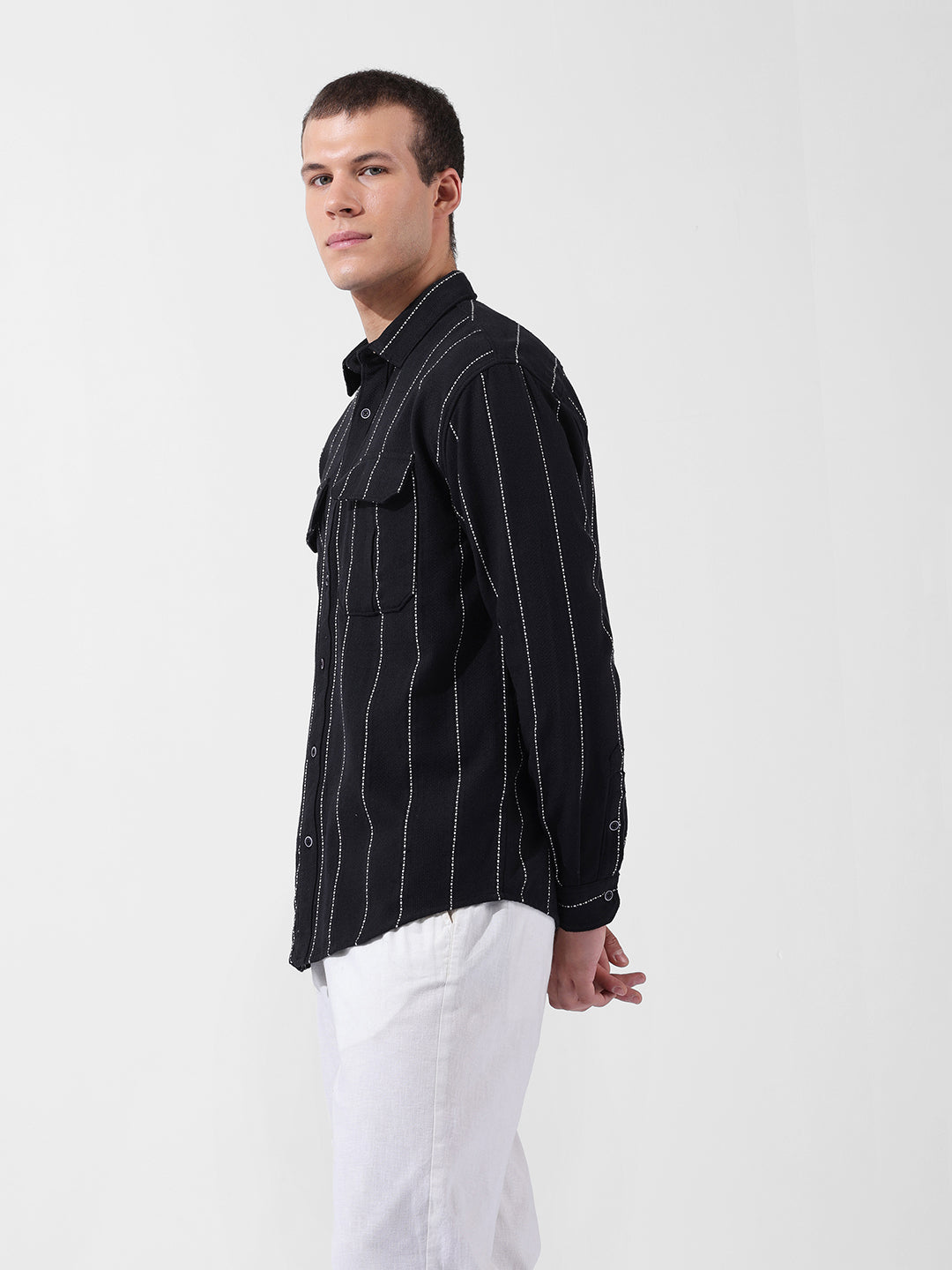 Men's Black Relaxed Fit Striped Casual Shirt