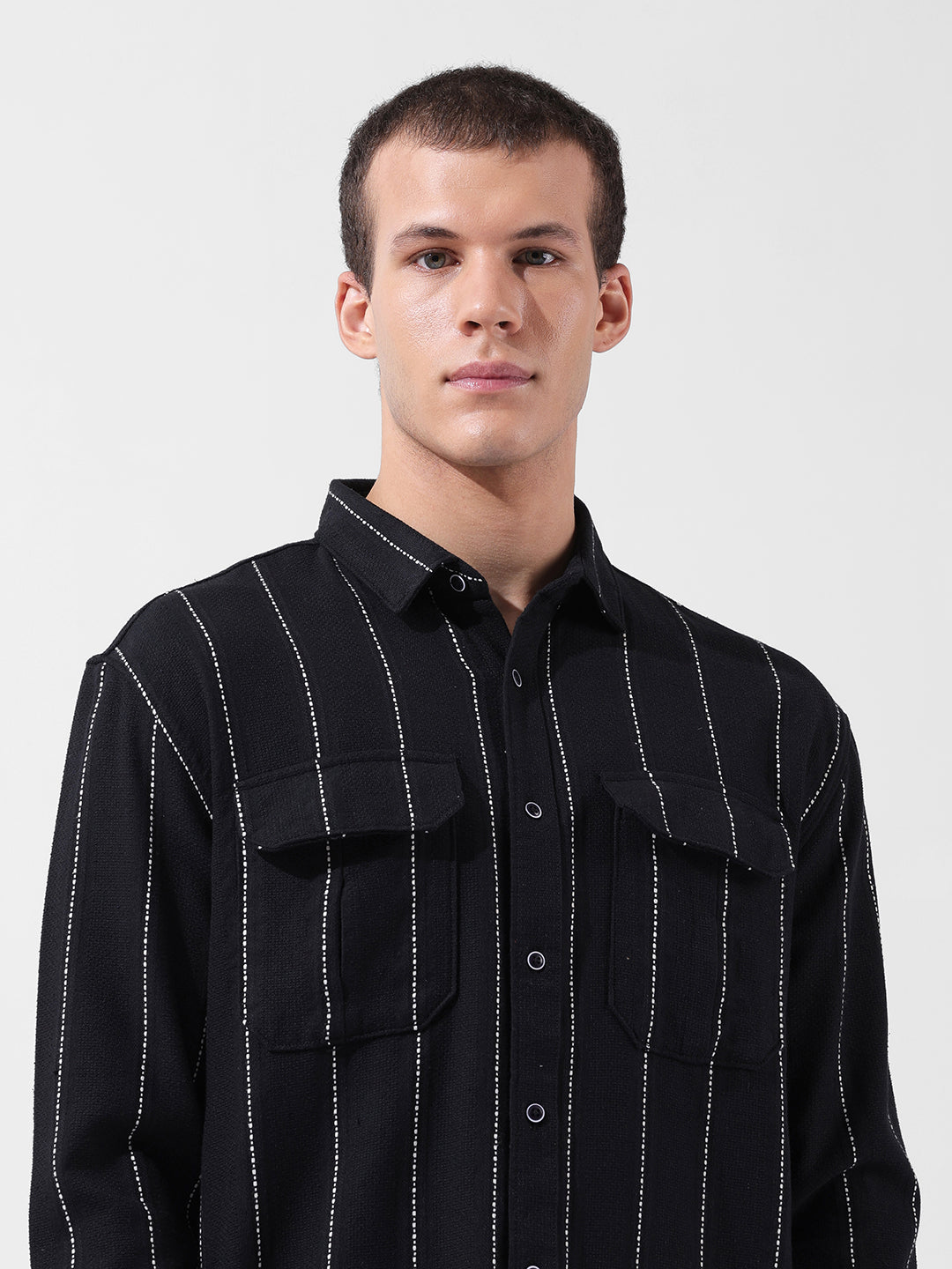 Men's Black Relaxed Fit Striped Casual Shirt