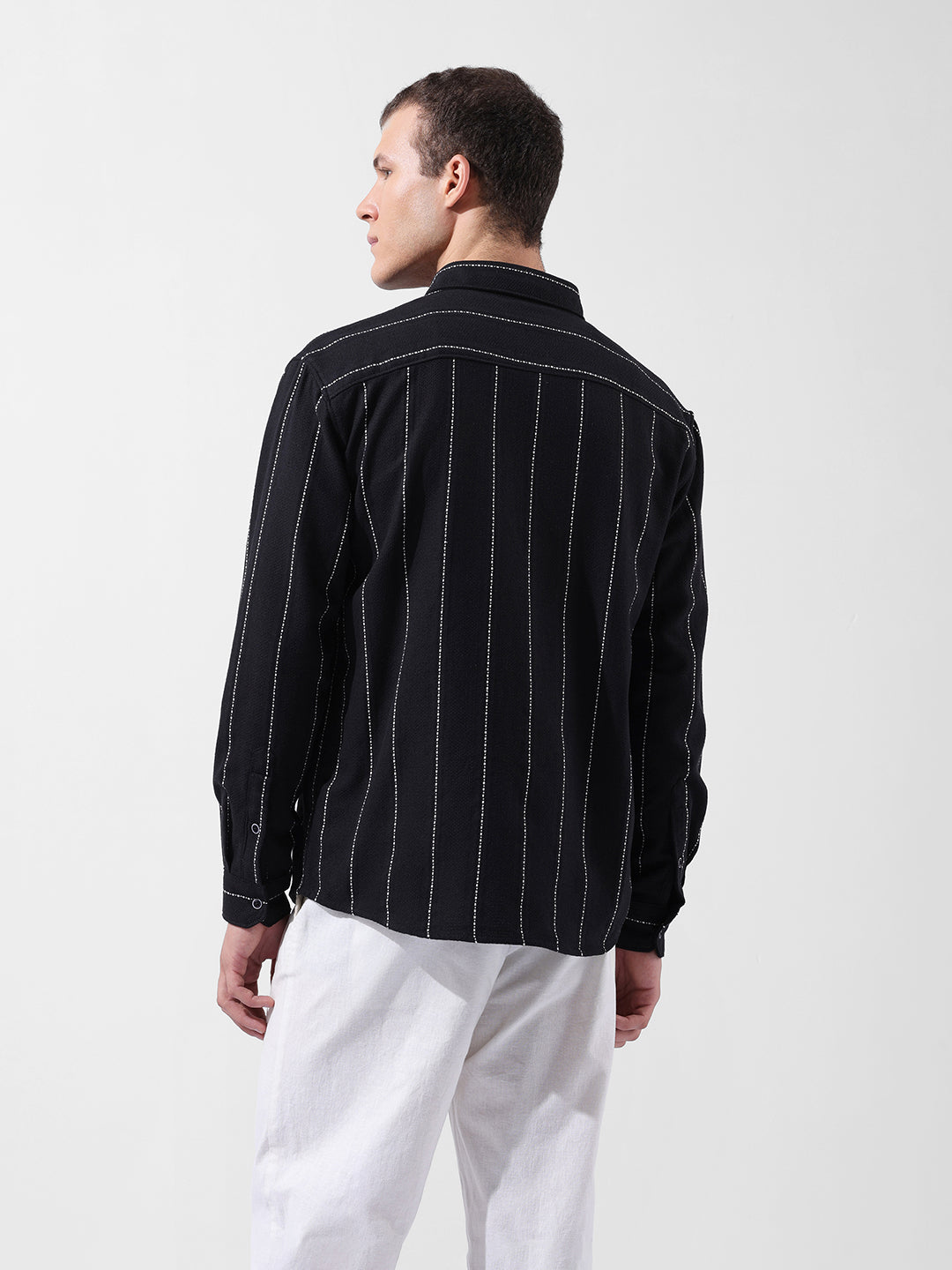 Men's Black Relaxed Fit Striped Casual Shirt