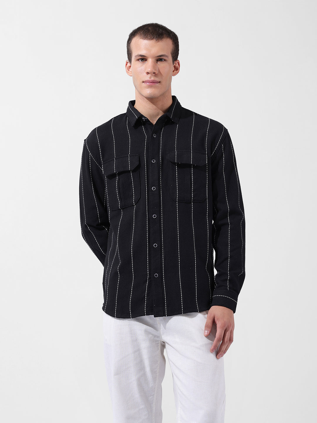 Men's Black Relaxed Fit Striped Casual Shirt