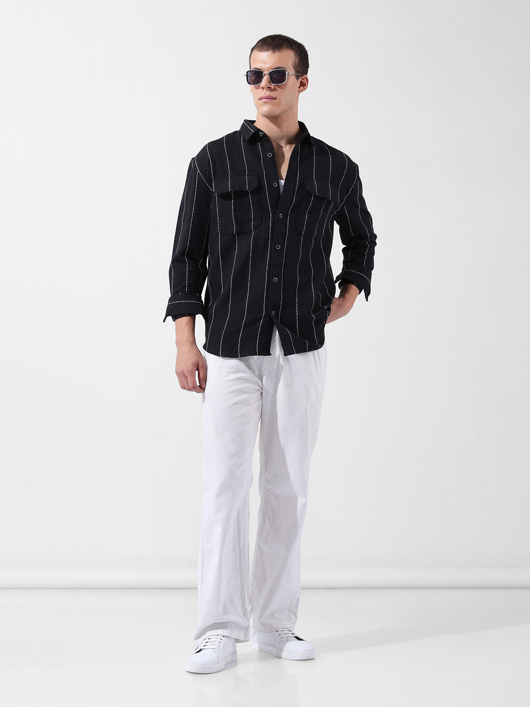 Men's Black Relaxed Fit Striped Casual Shirt