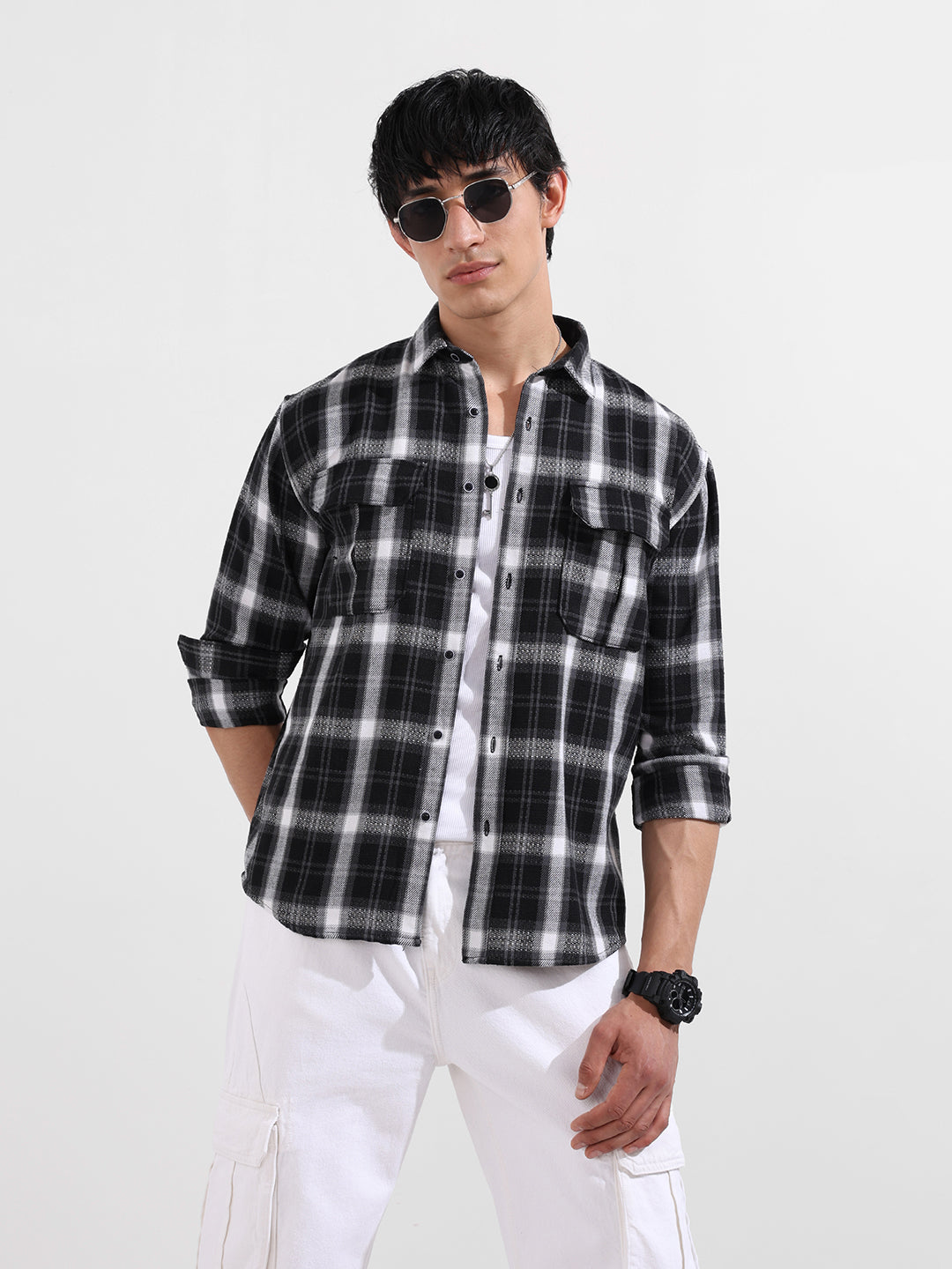 Men's Black Relaxed Fit Utility Striped Shirt