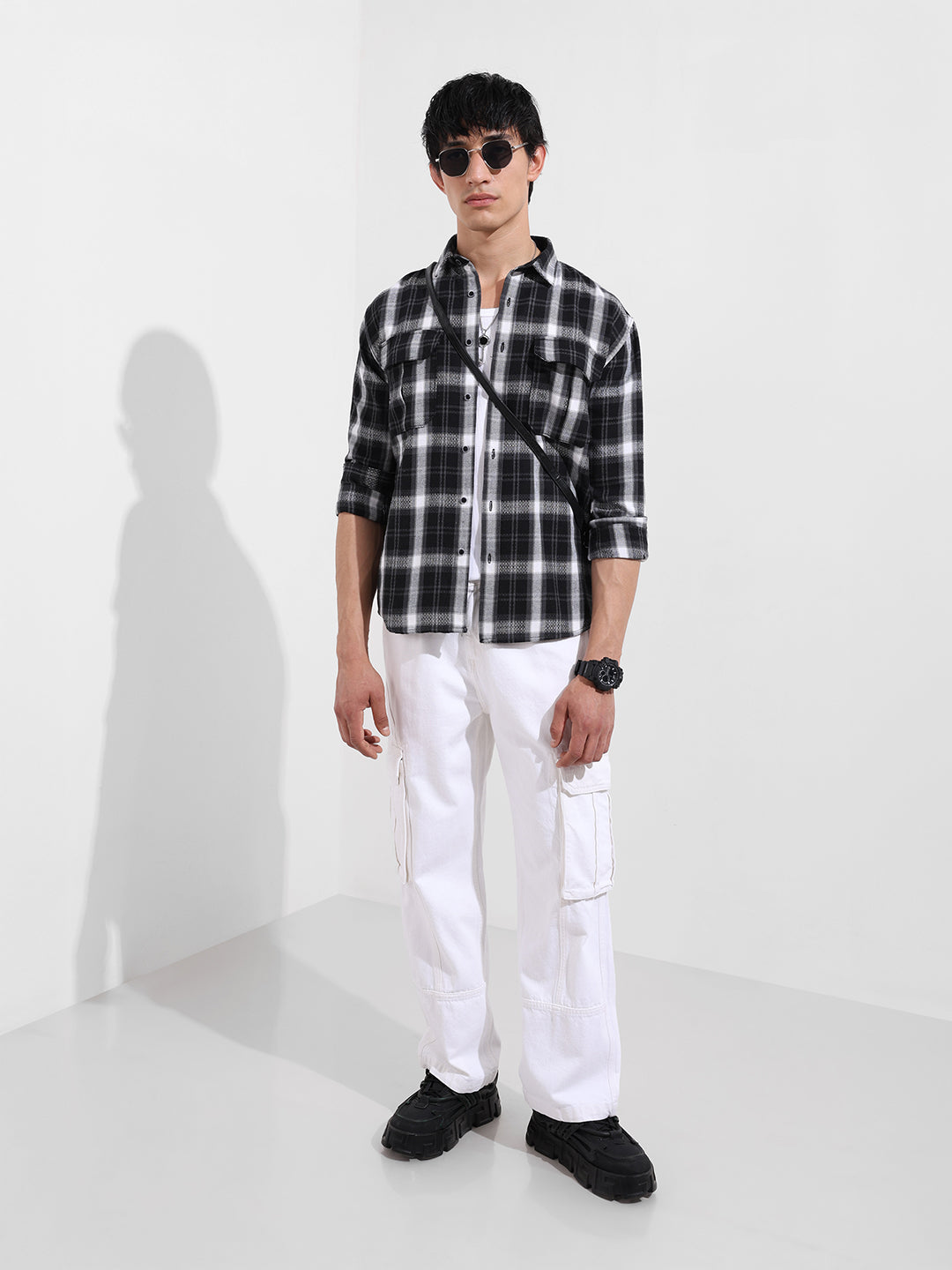 Men's Black Relaxed Fit Utility Striped Shirt