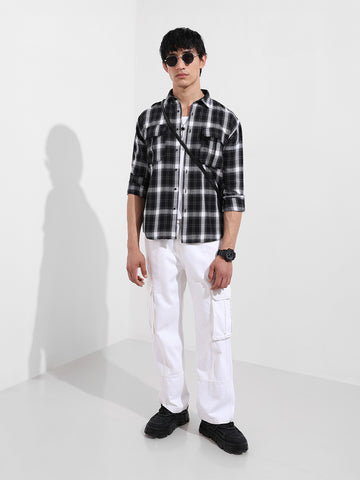 Men's Black Relaxed Fit Utility Striped Shirt