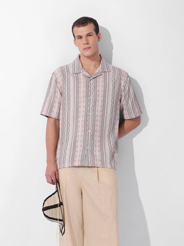 Men's Beige Relaxed Fit Striped Resort Wear Shirt