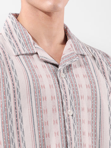 Men's Beige Relaxed Fit Striped Resort Wear Shirt