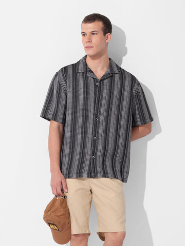 Men's Black Relaxed Fit Checked Resort Wear Shirt