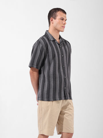 Men's Black Relaxed Fit Checked Resort Wear Shirt