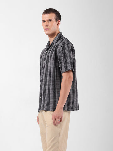 Men's Black Relaxed Fit Checked Resort Wear Shirt
