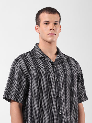 Men's Black Relaxed Fit Checked Resort Wear Shirt