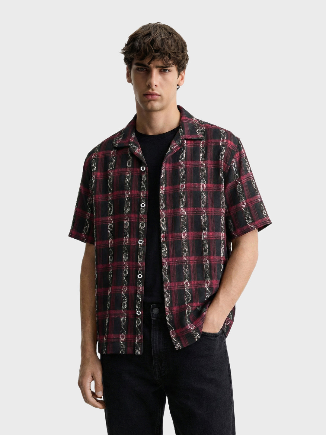 Men's Black Relaxed Fit Striped Resort Wear Shirt