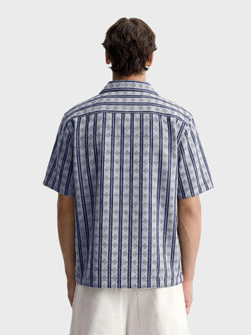 Men's Navy Blue Relaxed Fit Striped Resort Wear Shirt