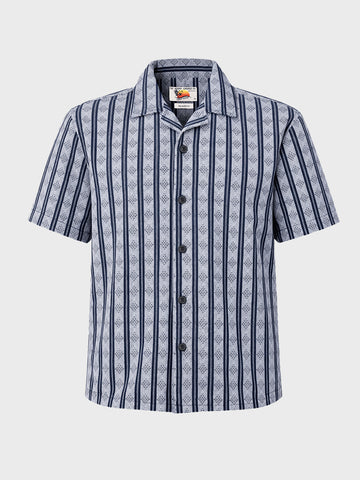 Men's Navy Blue Relaxed Fit Striped Resort Wear Shirt