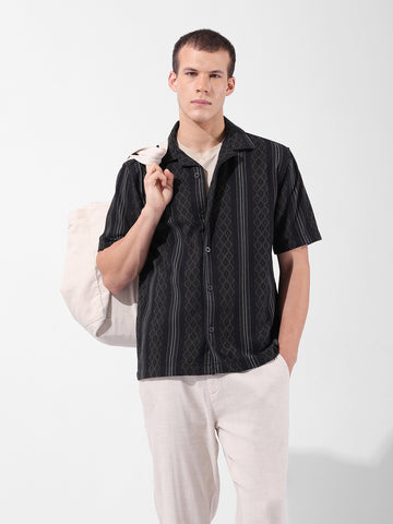 Men's Black Relaxed Fit Striped Resort Wear Shirt