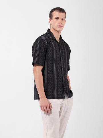 Men's Black Relaxed Fit Striped Resort Wear Shirt