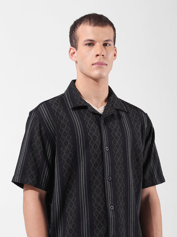 Men's Black Relaxed Fit Striped Resort Wear Shirt