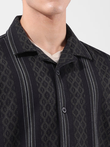 Men's Black Relaxed Fit Striped Resort Wear Shirt