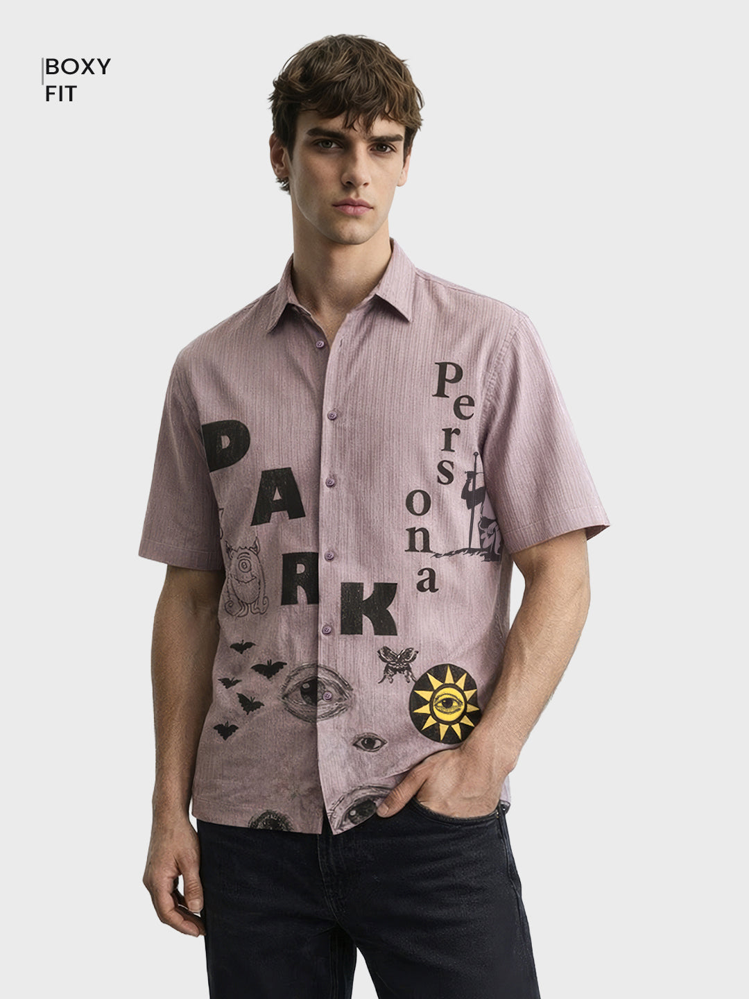 Men's Grey Boxy Fit Graphic Printed Casual Shirt