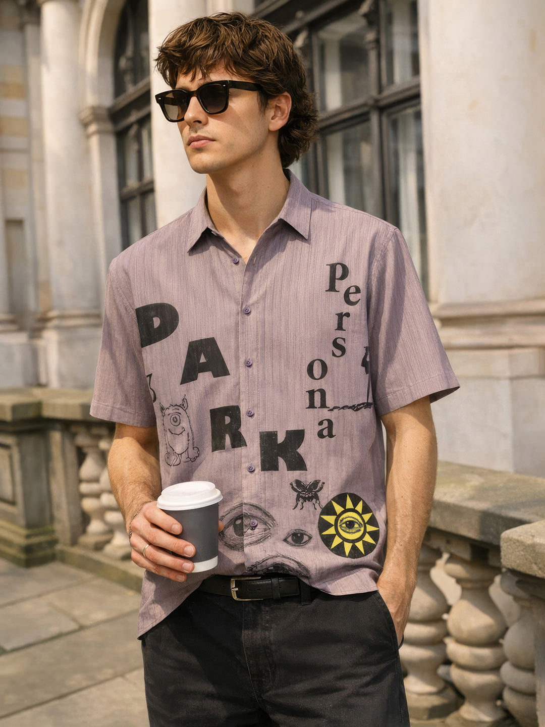 Men's Grey Boxy Fit Graphic Printed Casual Shirt