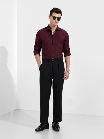 Men's Burgundy Slim Fit Textured Party Wear Shirt