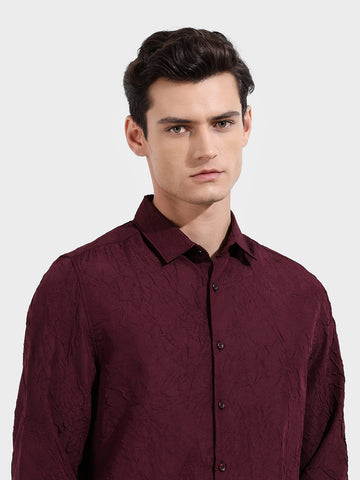 Men's Burgundy Slim Fit Textured Party Wear Shirt