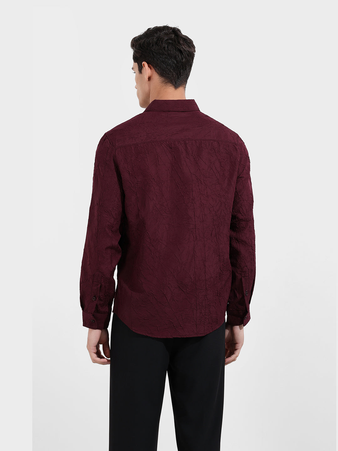 Men's Burgundy Slim Fit Textured Party Wear Shirt