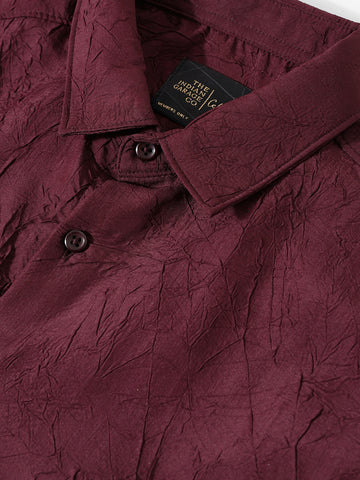 Men's Burgundy Slim Fit Textured Party Wear Shirt