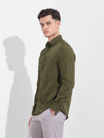 Men's Olive Slim Fit Textured Party Wear Shirt