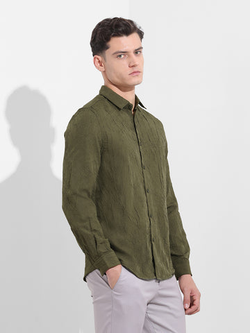 Men's Olive Slim Fit Textured Party Wear Shirt