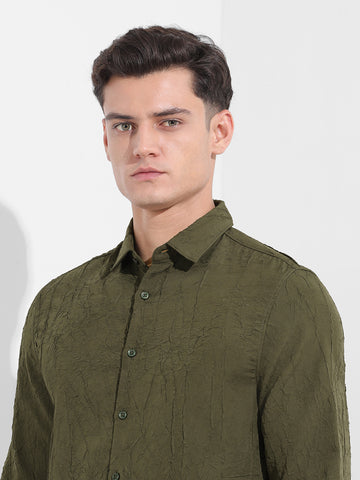 Men's Olive Slim Fit Textured Party Wear Shirt