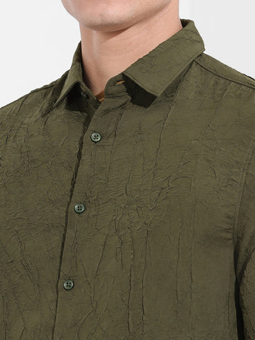 Men's Olive Slim Fit Textured Party Wear Shirt