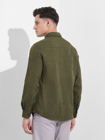 Men's Olive Slim Fit Textured Party Wear Shirt