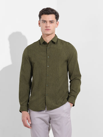Men's Olive Slim Fit Textured Party Wear Shirt