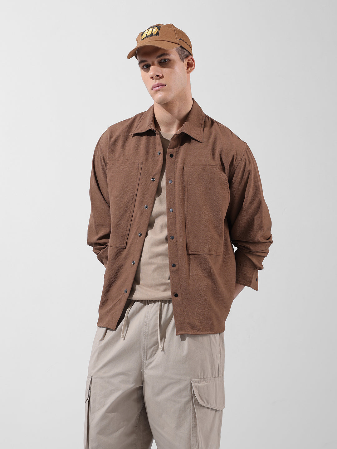 Men's Olive Relaxed Fit Solid Utility Shirt