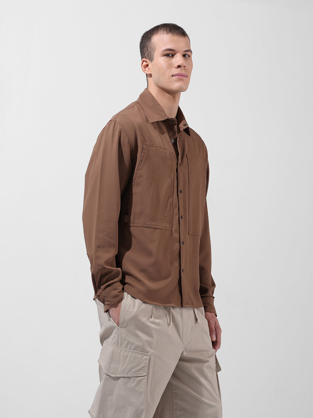 Men's Olive Relaxed Fit Solid Utility Shirt