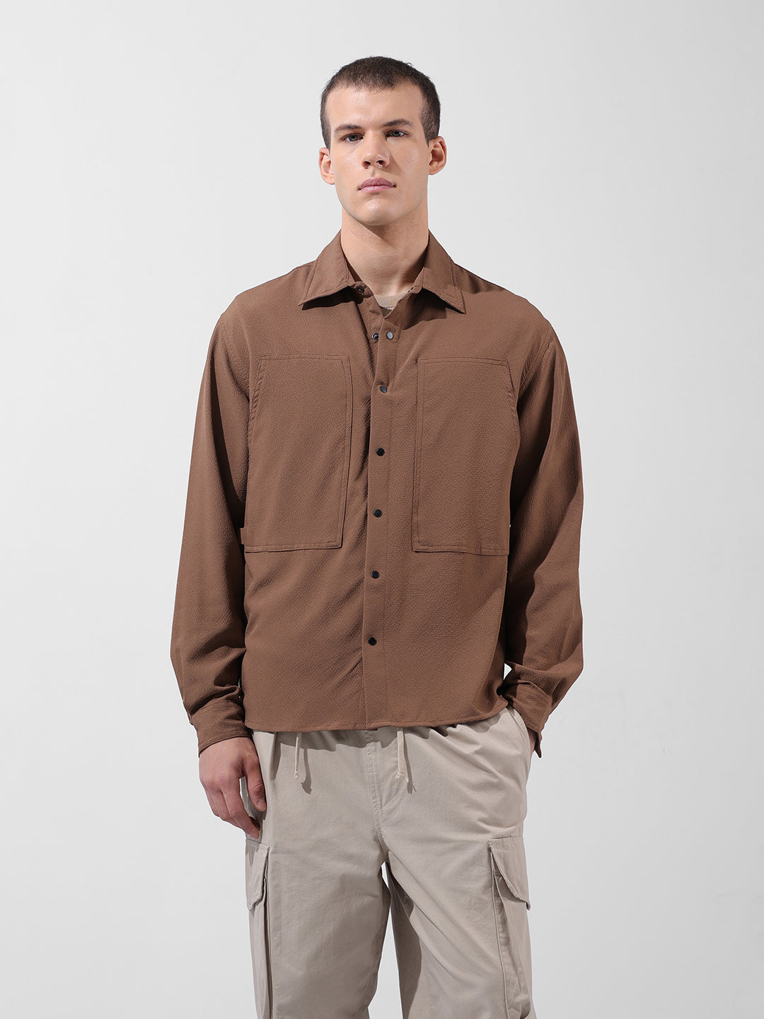 Men's Olive Relaxed Fit Solid Utility Shirt