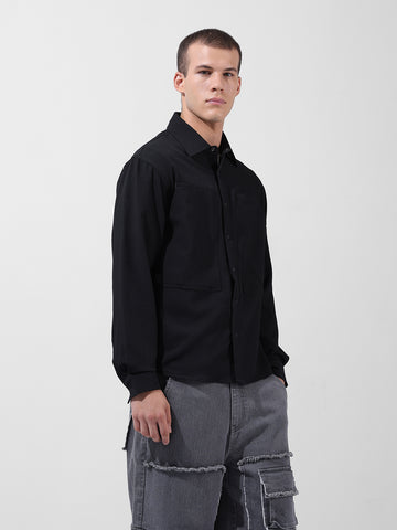 Men's Black Relaxed Fit Solid Utility Shirt