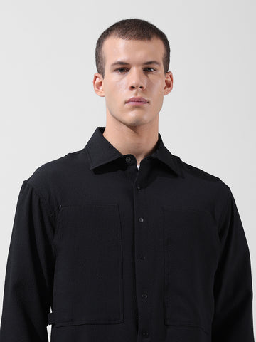 Men's Black Relaxed Fit Solid Utility Shirt