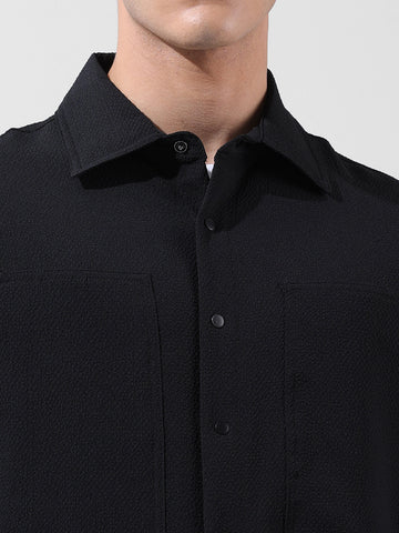 Men's Black Relaxed Fit Solid Utility Shirt