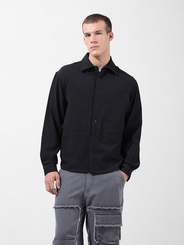 Men's Black Relaxed Fit Solid Utility Shirt