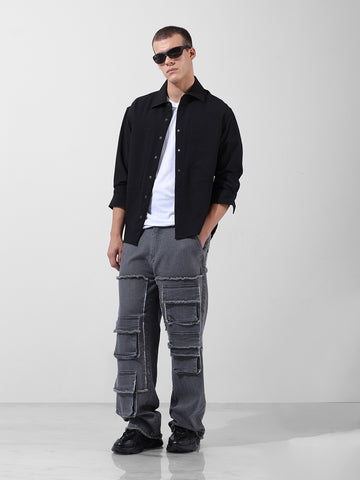 Men's Black Relaxed Fit Solid Utility Shirt