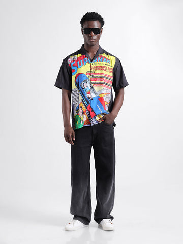 Men's Yellow Relaxed Fit Character Superman Printed Shirt