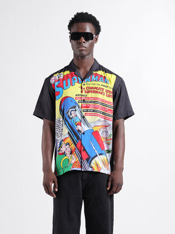 Men's Yellow Relaxed Fit Character Superman Printed Shirt